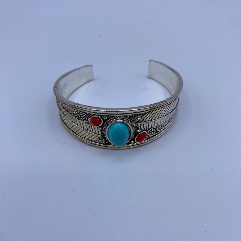 Cuff‎ Bracelet Silver Turquoise Cabochon Coral Boho SW Hippie Festival Gypsy